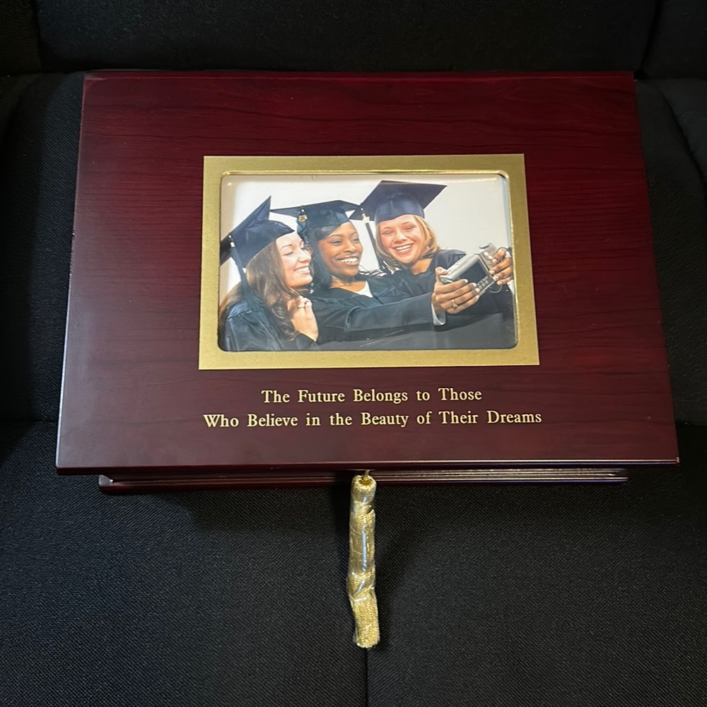 Graduation Keepsake Photo Jewelry Trinket Memory Storage Box wood EUC